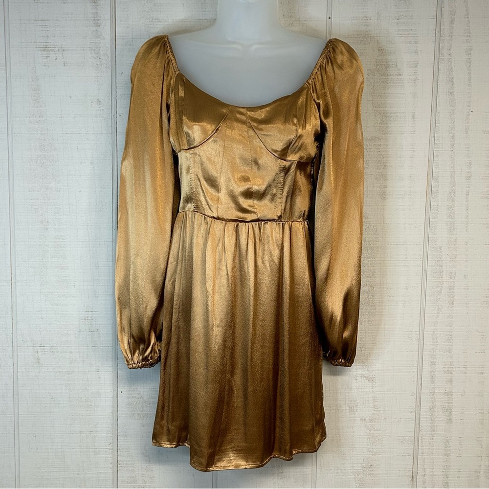 Altrd State Babydoll Mini Dress XS Long Slv Metallic Gold Smocked Regencycore‎
